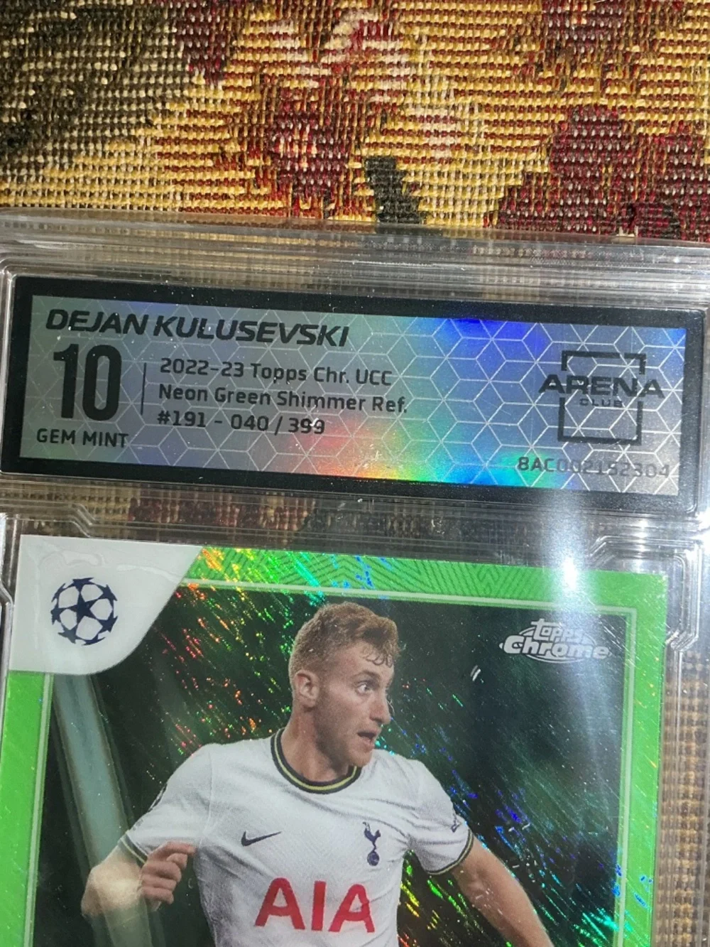 2022 Topps Chrome Dejan Kulusevski #19 Neon Green Shimmer /399 Graded Arena 10